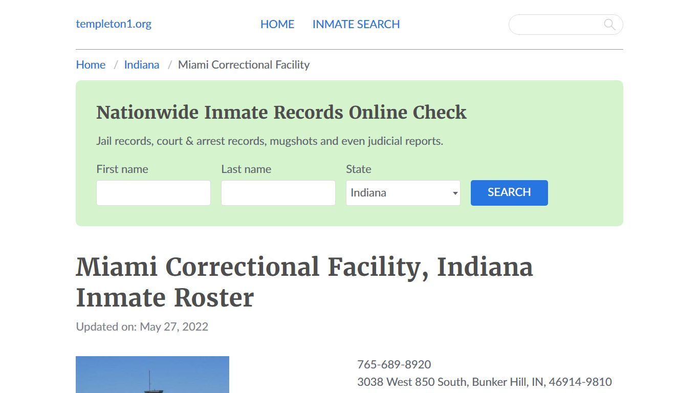 Miami Correctional Facility, Indiana Inmate Booking